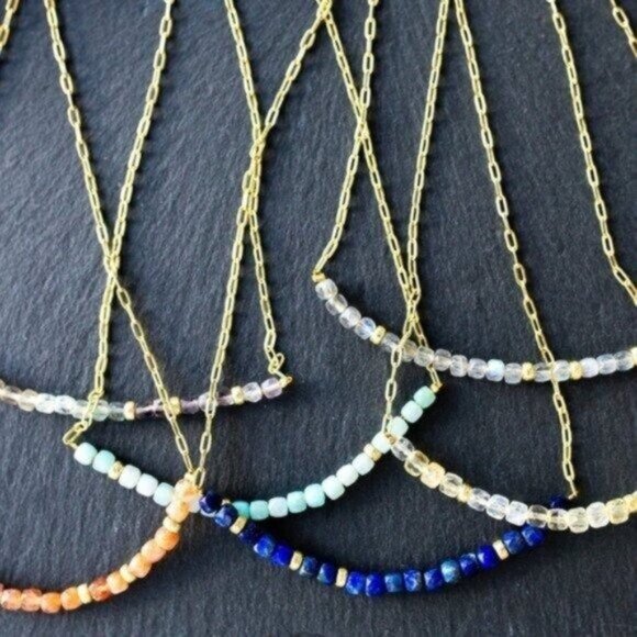 Gemstone Necklace Gold Paperclip Chain Blue amazonite Beaded Necklace - Picture 6 of 11